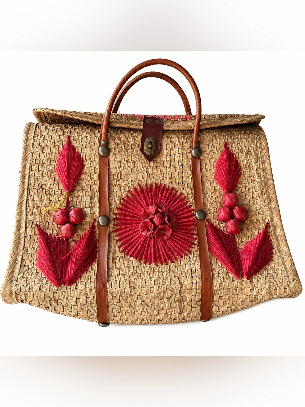 Vintage woven Straw Tote w pink Embroidered Floral Accents- MEXICO beach bag